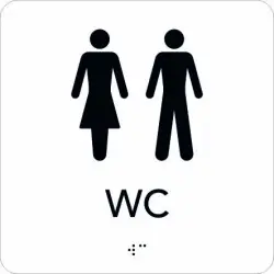 Taktil skylt WC 150x150 mm, Vit med svart text Trygg betalning